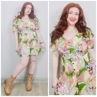 1990s Vintage Cotton Abstract Print Playsuit / 90s Grunge Green and Pink Floral Romper / Large 