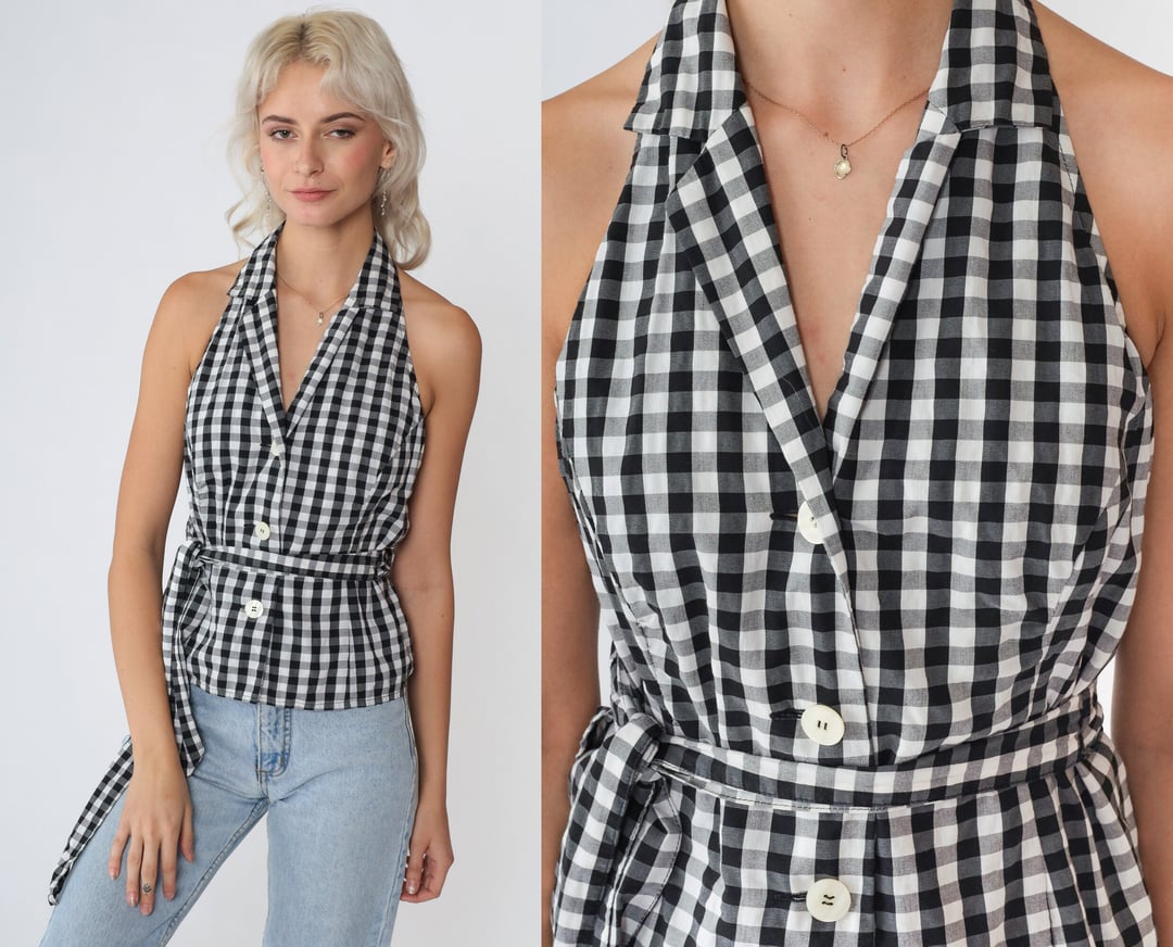 Gingham Tank Top Y2K Button up Halter Top Black | Shop Exile