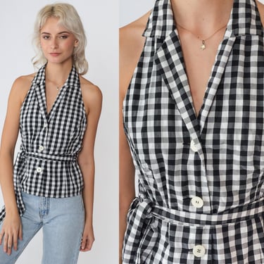 Gingham Tank Top Y2K Button up Halter Top Black White Checkered Open Back Sleeveless Shirt Backless Blouse Summer Pinup Vintage 00s Small S 