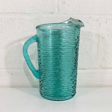 Vintage Turquoise Glass Pitcher Anchor Hocking Soreno Aquamarine Bark Textured Teal Crinkle Mid-Century Colorful Serving MCM Blue 1960s 