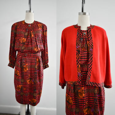 1980s Red Silk Print Dress and Matching Cardigan 