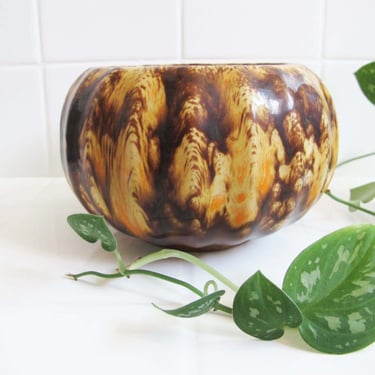 Vintage 60s Brown Orange Dripglaze Ceramic Pot - Pumpkin Gourd Fall Small Marbled Swirly Indoor Planter Pot 