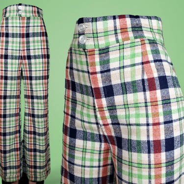 Handmade vintage plaid pants 1960s 70s spring colors ultra high rise wide cuffed legs (28 x 33) 