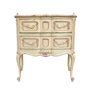 Vintage Louis XV Style Chest - Distressed Pink & Creamy White French Provincial 2 Drawer Shabby Chic Wood Nightstand Commode w/Cabriole Legs 