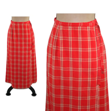 90s Long Cotton Maxi Wrap Skirt Small, Red Check Picnic Plaid, 1990s Casual Clothes Women Vintage LIZWEAR Size 6 