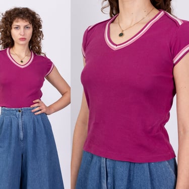 70s Magenta Fitted Ringer Tee - Small | Vintage Striped Trim Cotton V Neck T Shirt 
