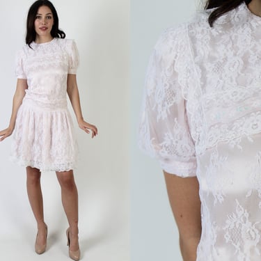 Deco Style Jessica McClintock Dress, Sheer Off White All Over Lace Material, 1980's Mid Summer Lawn Party Outfit 