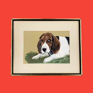 Vintage Tom McKinney Dog Painting 1970s Retro Size 17x21 Mid Century Modern + Beagle + Acrylic on Paper + Signed by Artist + Animal Wall Art 