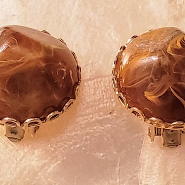 RARE marbled lucite clip on earrings carmel and brown 