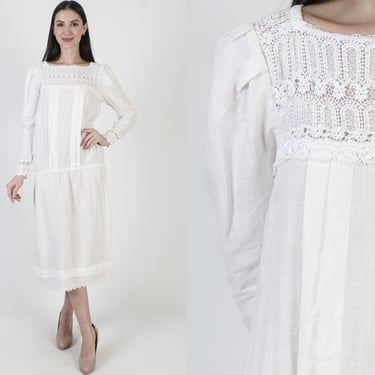 Jessica McClintock Linen Dress, Off White Bridal Gown, Victorian Drop Waist, Pleated Lawn Gown 