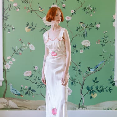 1940s English ivory silk nightgown with sewn roses 