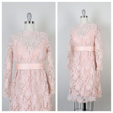 vintage 1960s lace cocktail dress, mini, pink, chantilly lace, alternative wedding dress, size xs 