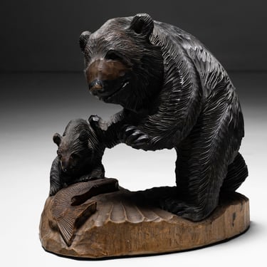 Carved Wooden Bear and Cub