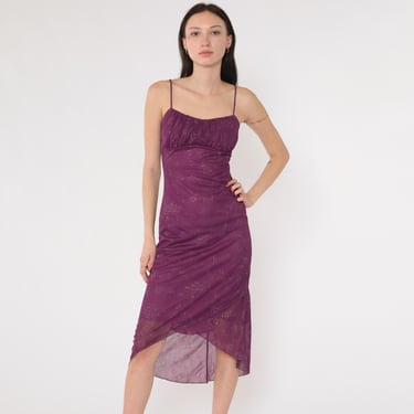 Y2K Purple Ruched Floral Midi Dress Spaghetti Strap Bodycon Asymmetrical Hem Glitter Detailing Sheer Overlay Small by Taboo Small S 