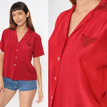 Red Silk Shirt 80s Lace Pocket Button Up Shirt Short Sleeve Blouse Vintage Plain Blouse 1980s Collared Medium 