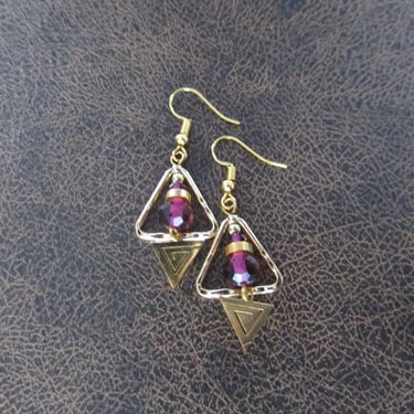 Hammered brass and crystal triangle earrings, purple 