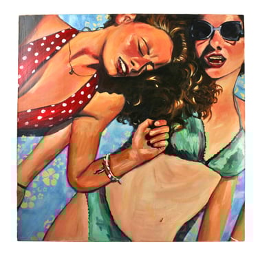 Large 2008 Oil Painting Selfie Portrait of Two Teenage Girls in Swimsuits
