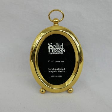 Vintage Oval Solid Brass Picture Frame - Shiny gold tone metal - Loop Top, Ball Feet - Holds a 2 1/2" x 3 1/4" Wallet Size Photo 