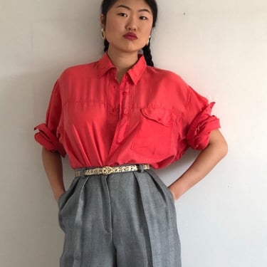 90s silk pocket shirt / vintage coral oversized tissue thin silk button down shirt blouse / salmon pink sand washed silk blouse | L 