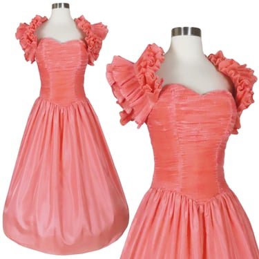 Vintage 80s 90s Peach Crinkle Ruffle Full Skirt Prom Party Dress XS S Extra Small Ruched Womens Bridesmaid Costume HoCo Homecoming Dance 