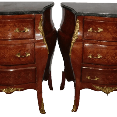 Commodes, Pair, Walnut Inlay, Marble Top, Diminutive, With Bronze Mounts!!