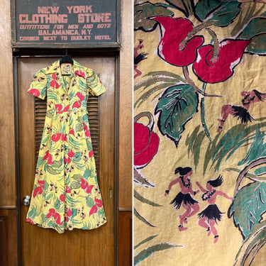 True Vintage 1930’s Kamehameha Hula Girl Cotton Hawaiian Dress, Vintage Hawaiian Dress, Tiki Dress, House Dress, 1930’s Cotton Dress, 1940s 