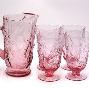 vintage Morgantown Seneca Pink Iced Tea Set with Pitcher and Four Footed Tumblers 