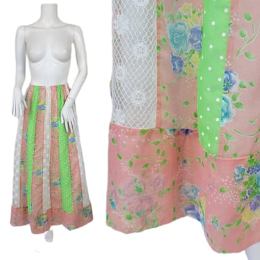 Chessa Davis 1970's Peach White Lace Green Polka Dot Patchwork Maxi Skirt I Sz Med 