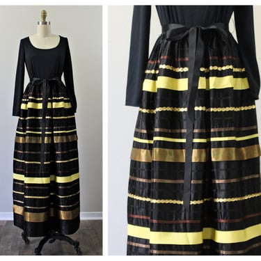 Vintage 60's 70's JACK BRYAN California Satin Taffeta Striped Ribbon Maxi Party Dress Hollywood Glam // US 2 4 6 xs s 