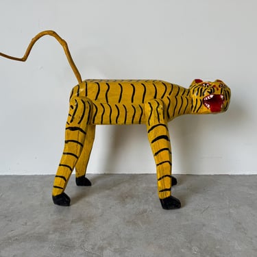 Vintage Hand Carved Wood and Painted Folk Art Tiger Sculpture 