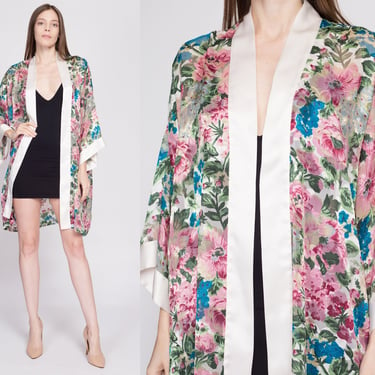90s Victoria's Secret Floral Jacquard Lounge Robe - One Size | Vintage Sheer Satin Trim Flower Print Boho Open Fit Loungewear Kimono 