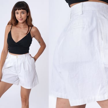 90s Trouser Shorts White Pleated Preppy Shorts High Waisted Trouser Shorts Cotton Summer Bottoms High Waist Vintage Mom 1990s Small 28 