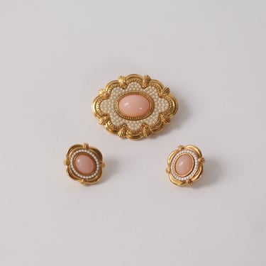 Vintage Pink Cabochon Brooch & Earrings Set