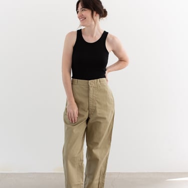 Vintage 30 High Waist Khaki Twill Chinos | Unisex Straight Leg Pant Beige | Workwear Trouser | Metal Tab Zipper Fly | KP04 