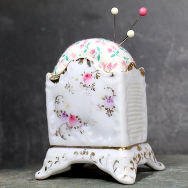 Calico Floral Upcycled Pin Cushion - Vintage Ceramic Pin Cushion - Delicate & Fancy Vintage 