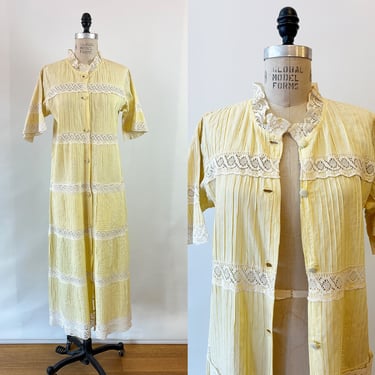 Vintage 1960s or 70s Buttercup Yellow Mexican Pintucked Cotton Duster Dress with Lace/ 60s 70s Beach  Pool Coverup 