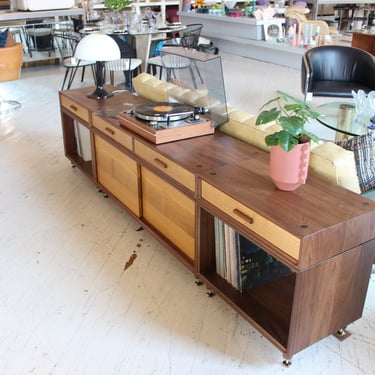 Modular stacakble media console cabinet record case sofa table mid century organic modern style 