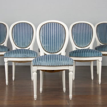 Antique French Louis XVI Style Provincial Painted W/ Striped Blue Velvet Mohair Dining Chairs - Set of 6 