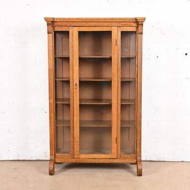 Antique American Empire Oak Glass Front Bookcase Cabinet, Circa 1900