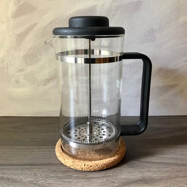 Bodum Bistro French Press Coffee Pot in Black with cork coaster - Vintage Danish Glass Coffee Captain Picard Plunger, Made in Denmark 