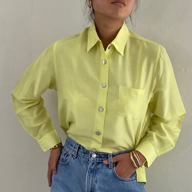 90s silk shirt / vintage limoncello lemon lime 100% silk button down pocket shirt blouse | Large 