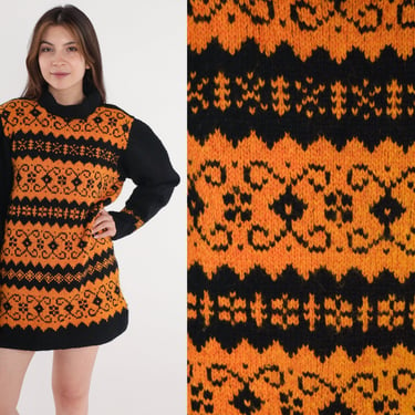 Fair Isle Sweater 80s Orange Black Norwegian Sweater Geometric Mock Neck Nordic Ski Bohemian 1980s Knit Retro Striped Pullover Medium Large 