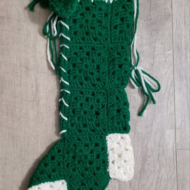 Handmade Green and White knitted Granny Squares Christmas Stocking Mantlepiece Decorations Holiday Home Decor 