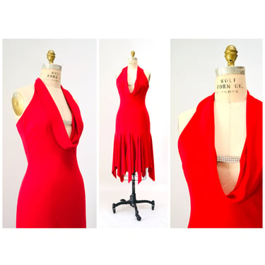 2000s Y2k Vintage Red Halter Neck Party Club Dress XS Small 2000s Cowl Neck Plunging Neckline Rhinestone Halter Red Party Prom Sexy Dress 