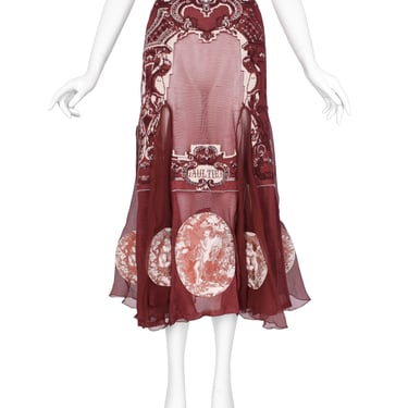 Jean Paul Gaultier Vintage AW 2007 Burgundy French Cherub Scenic Intarsia Knit & Sheer Mesh Skirt