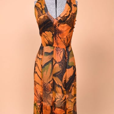 Orange and Black Floral Designer Sheer Silk Side Button Dress By Tuleh, M