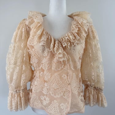1980s Victor Costa Ruffled Lace Blouse 
