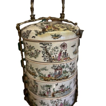 Stunning antique Chinese tiffin serving dishes - faux bamboo details 