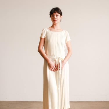 1980s Albert Nipon Ecru Pleated Midi Dress 