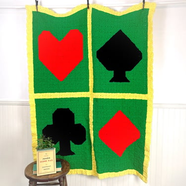 Playing card suits granny square crocheted afghan - 47" x 60" 